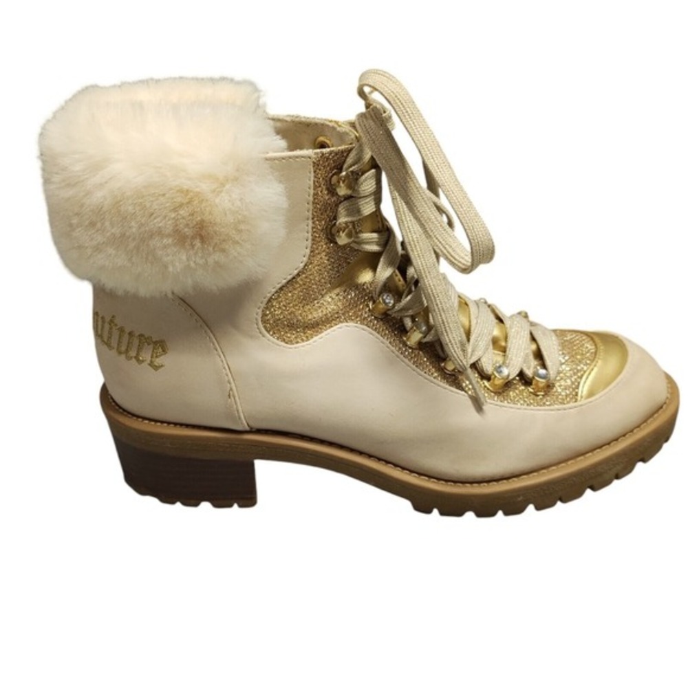 Juicy Couture Heeled Boots Womens Size‎ 8M Gold Sude Leather Faux Fur Lace-up